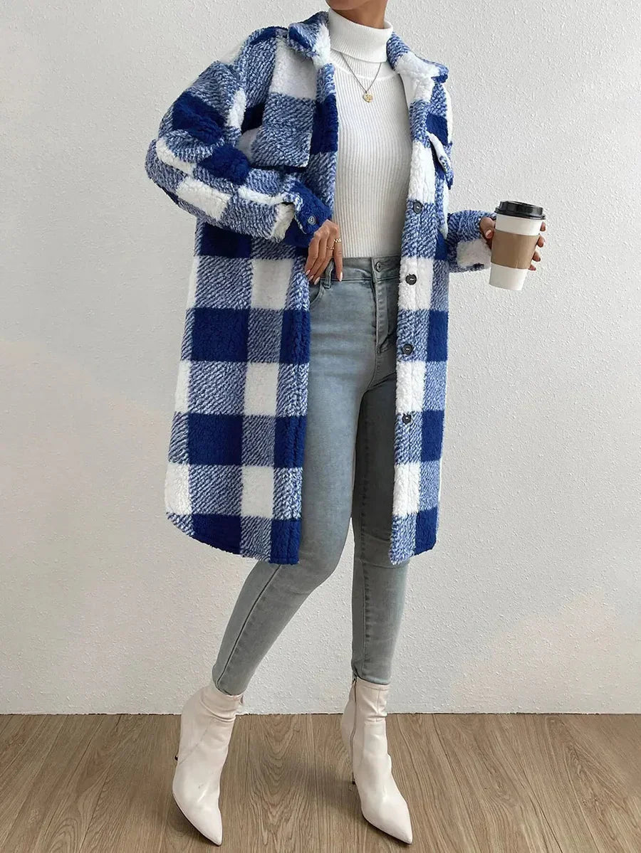 Stilla | Frakke Oversized Pasform Blød Teddy- tekstur Tjekket Mellem-længde-design