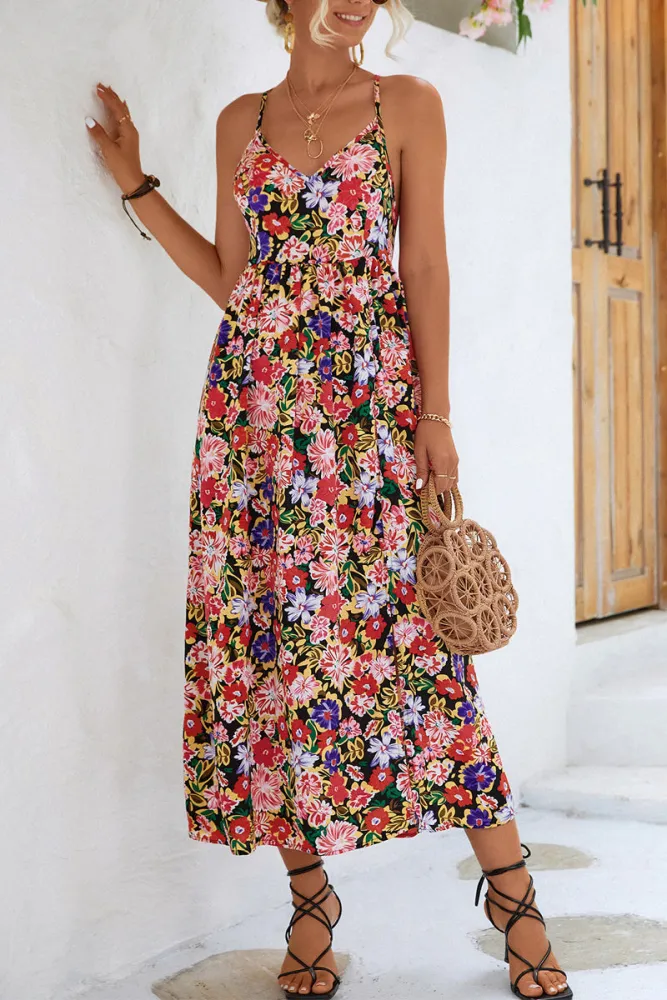 Stilla | Midi Kjole Med Blomstret Print og Stropper