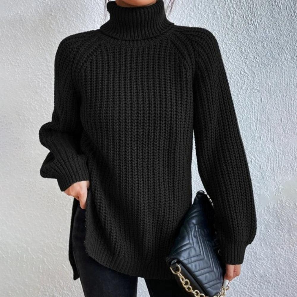 Stilla | Sort Pullover Med Høj Krave og Lange Ærmer, Ribbet Udførelse