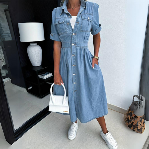 Stilla | Midi Skjortekjole i Denim Bomuld Komfortabel & Trendy