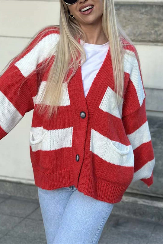 Stilla | Stribet Casual Cardigan Med Lange Ærmer, Lommer Og V-udskæring
