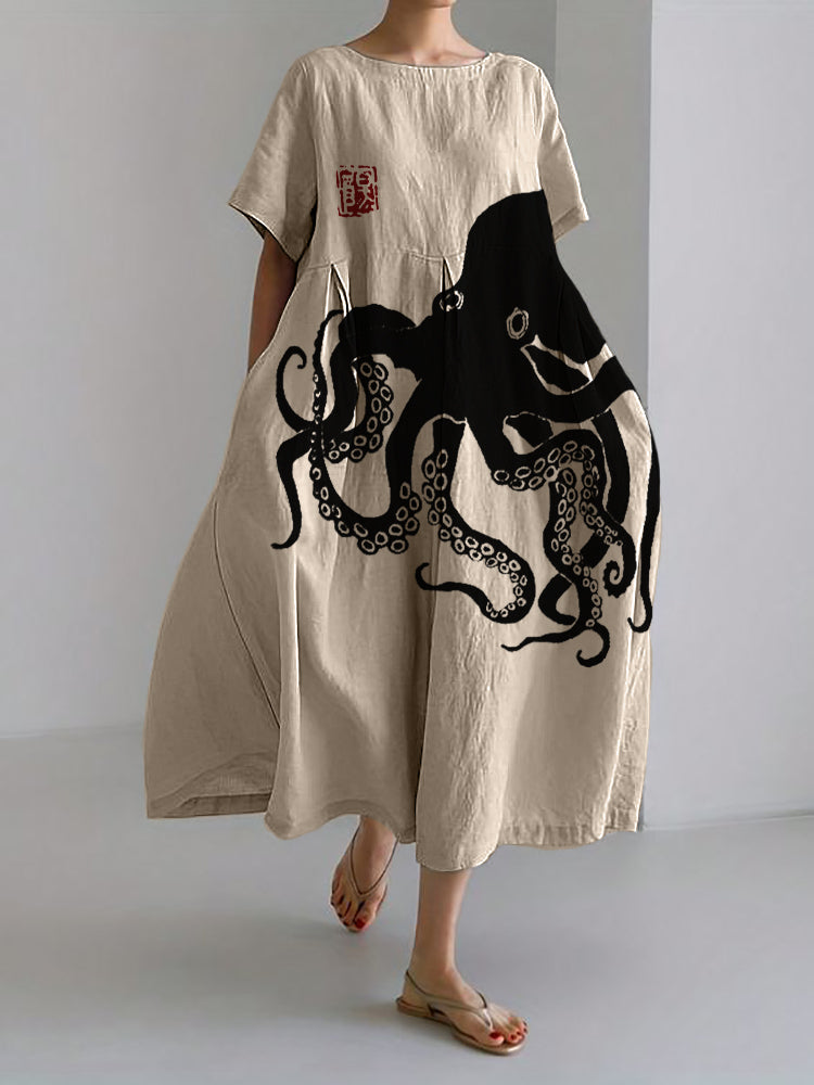 Stilla | Lang Kjole Af Linnedragt Med Japansk Mønster I Linned Octopus