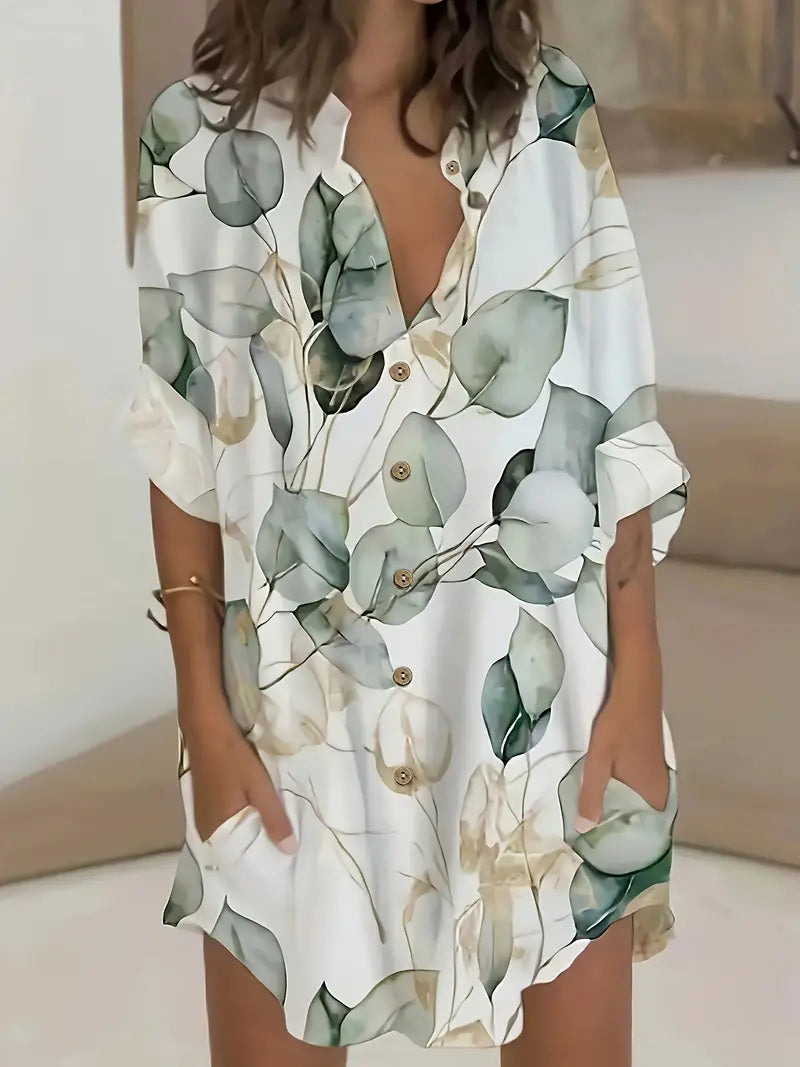 Stilla | Elegant Bluse Med Lange Ærmer Og Knapper Med Bladprint