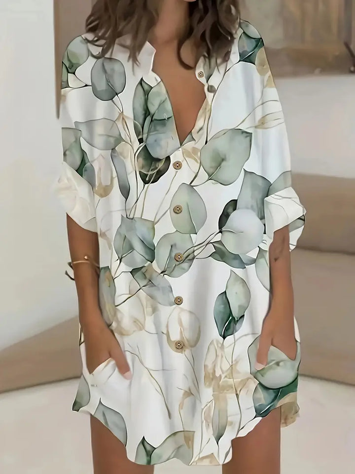 Stilla | Elegant Bluse Med Lange Ærmer Og Knapper Med Bladprint