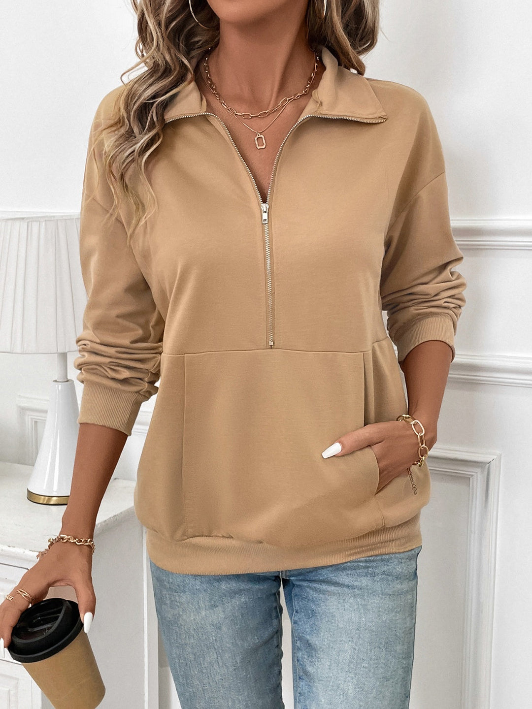 Stilla | Sweatshirt med lange ærmer halvlynlås med kængurulomme
