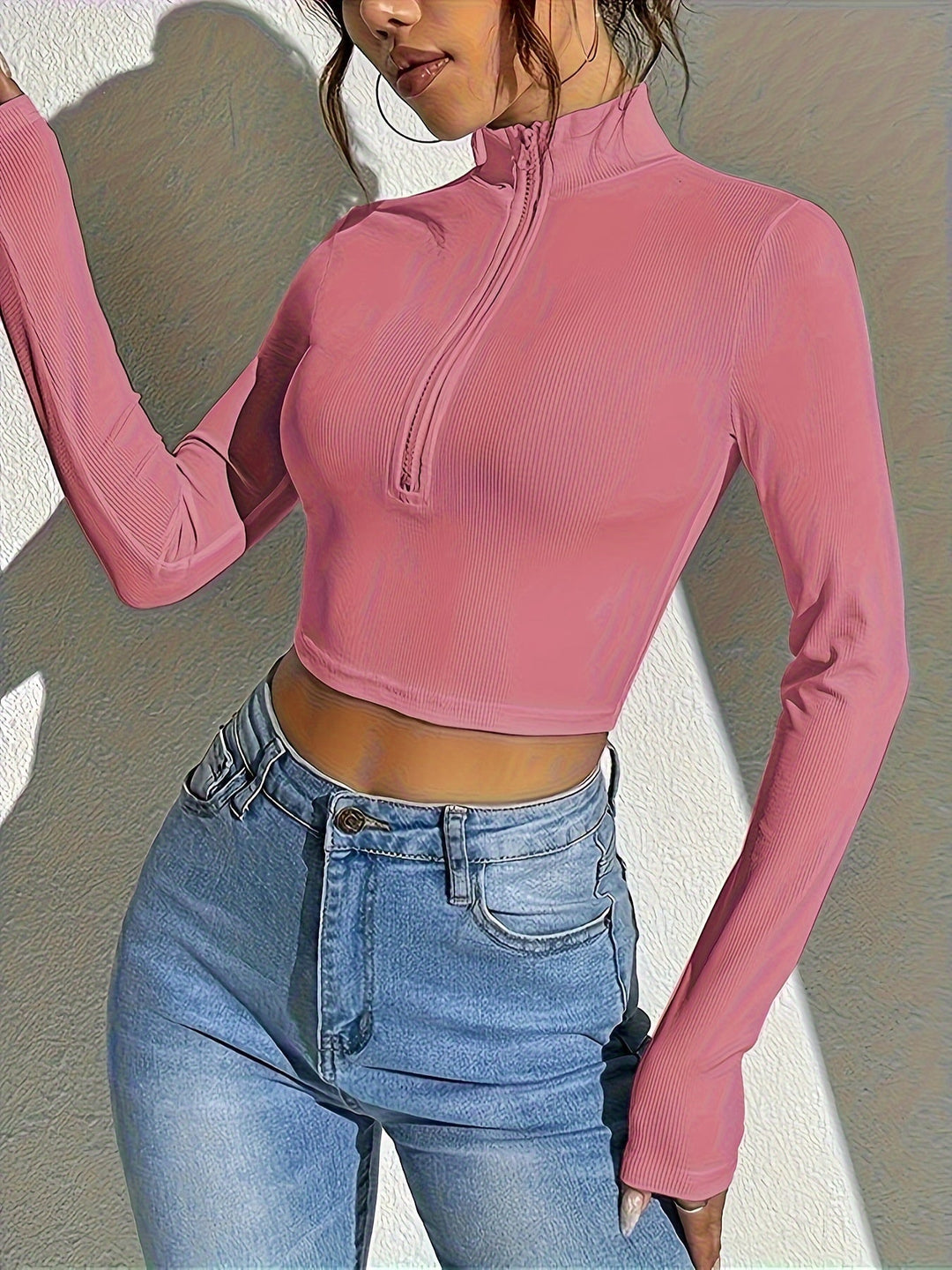 Stilla | Ribbet Cropped T-shirt Med Lynlås Foran