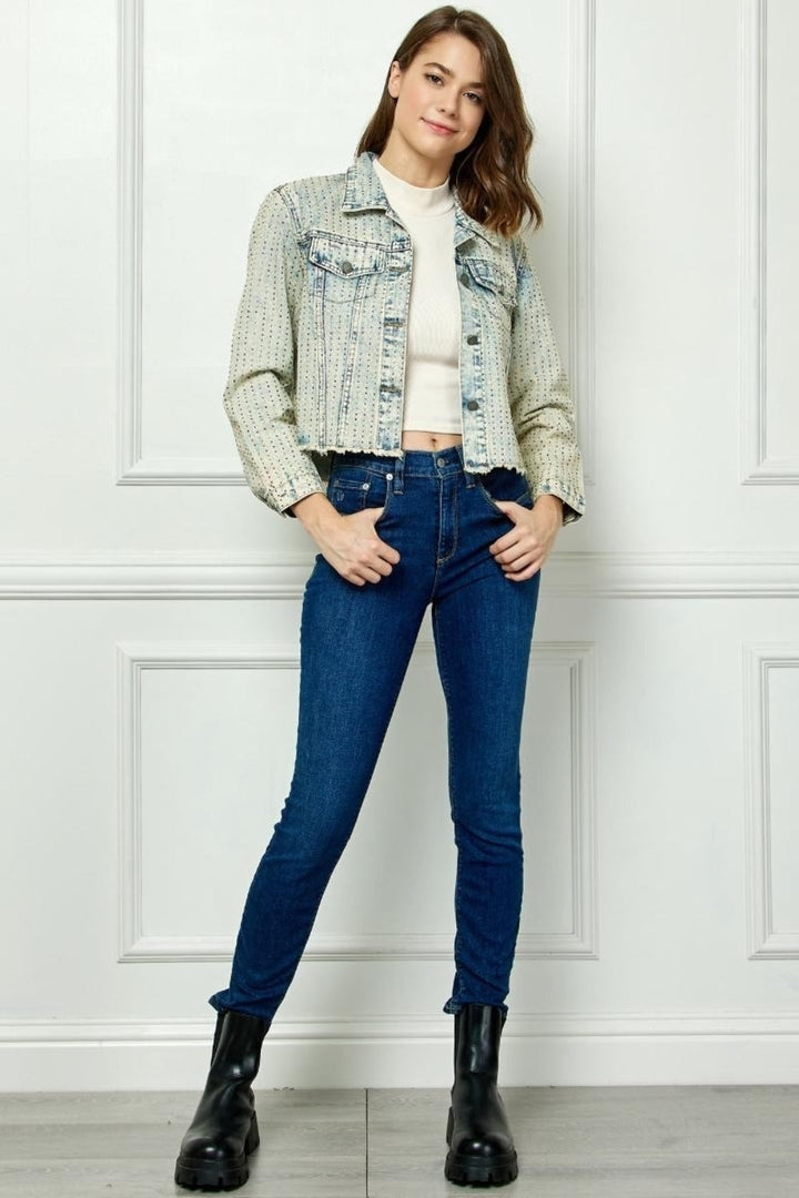 Stilla | Multi Color Stripe Rhinestone Raw Hem Denim Jakke