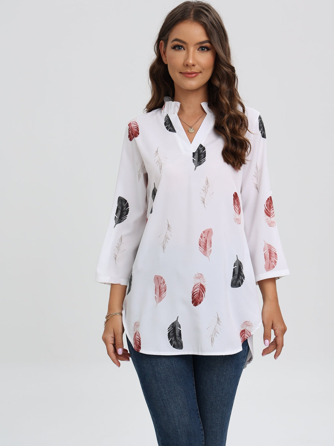 Stilla | Bluse V Udsnit Tryk Fjer