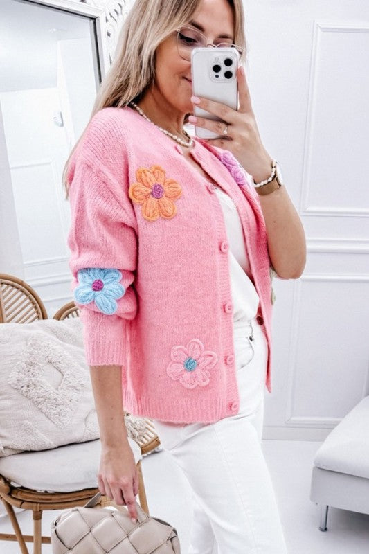 Stilla | Strikjakke med blomsterprint og knapper
