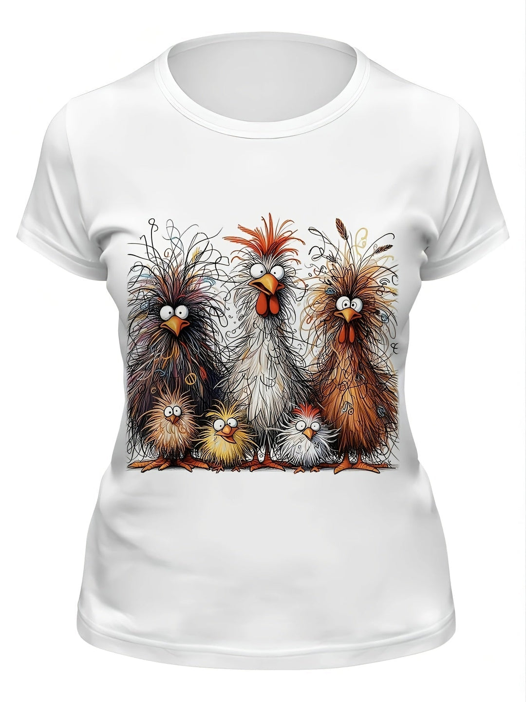 Stilla | Dame T-Shirt Sommershirt Med Kyllingetryk, Rund Halsudskæring, Korte Ærmer, Afslappet Og Komfortabel