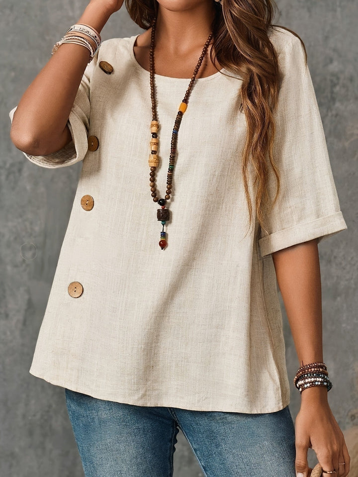 Stilla | Bluse Med Knapper Khaki, Halvlange Ærmer Afslappet Top