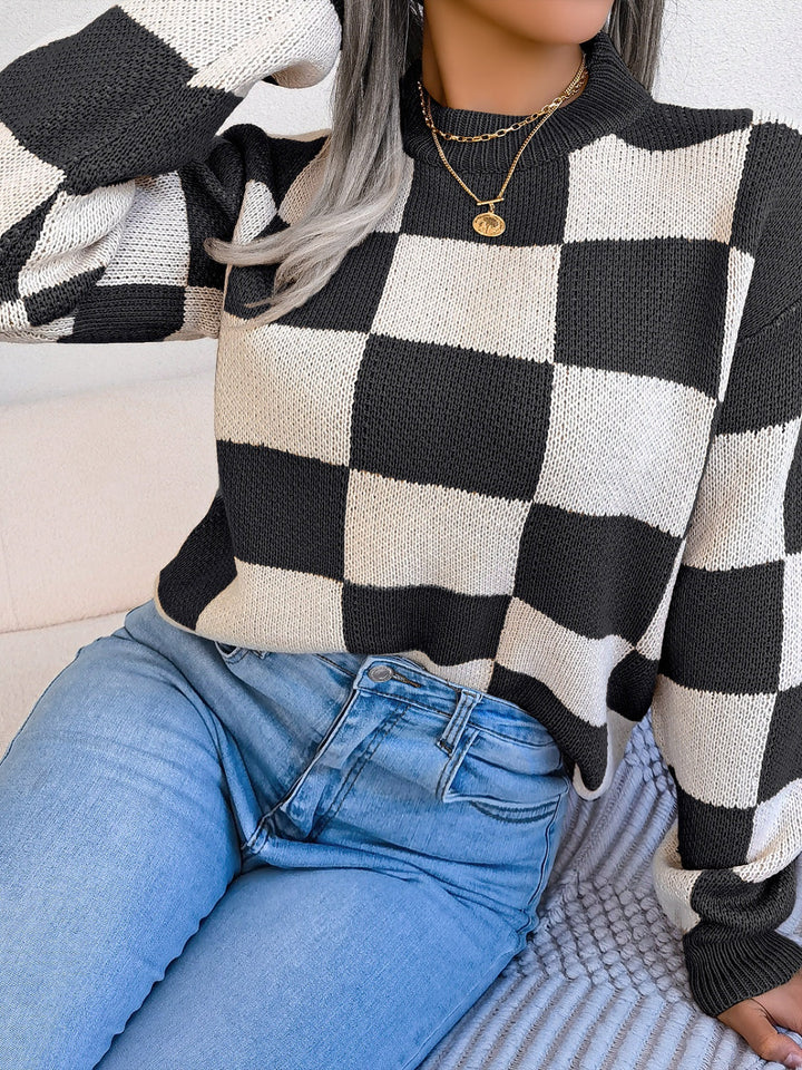 Stilla | Karo Sweater Med Lange Ærmer og Ståkrave