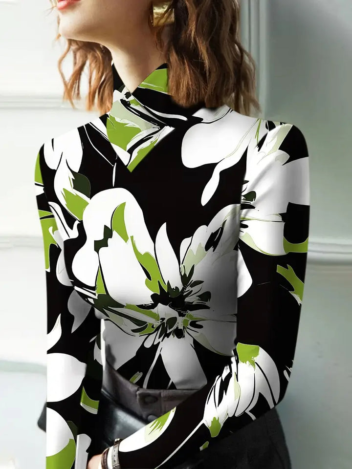 Stilla | Elegant Top Med Ståkrave Og Floral Tryk