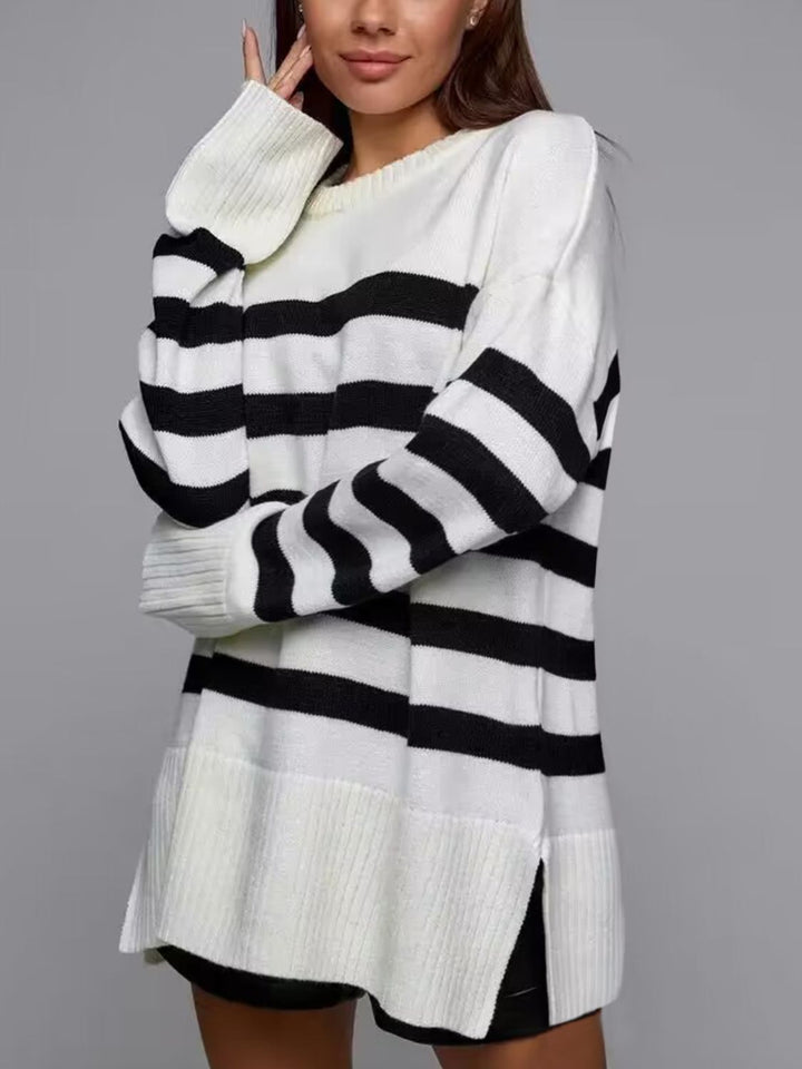 Stilla | Stribet Pullover Med Rund Hals og Slids