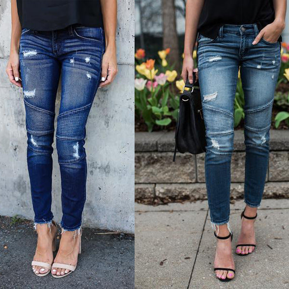 Dame Skinny Jeans med moderne ribdetaljer og afslappede ødelæggelses-effekter Stilla
