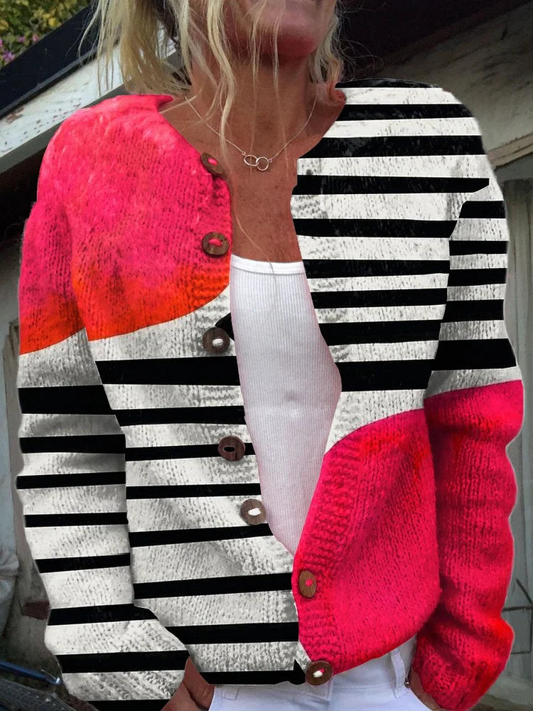 Stilla | Pullover Strikjakke Minimalistisk Med Abstrakte Linjemønstre og Bånd