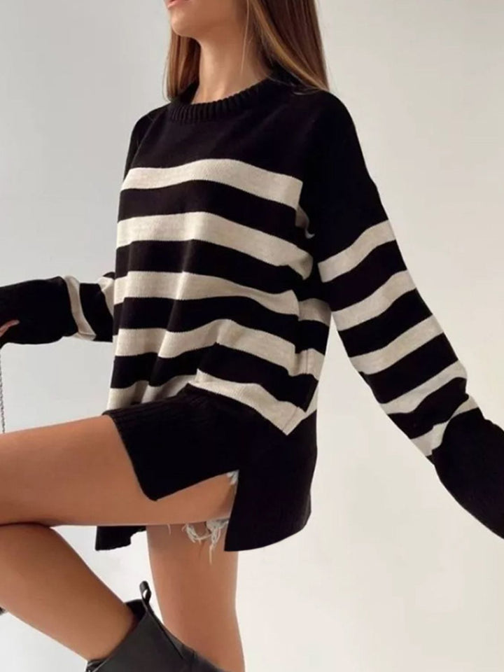 Stilla | Stribet Pullover Med Rund Hals og Slids
