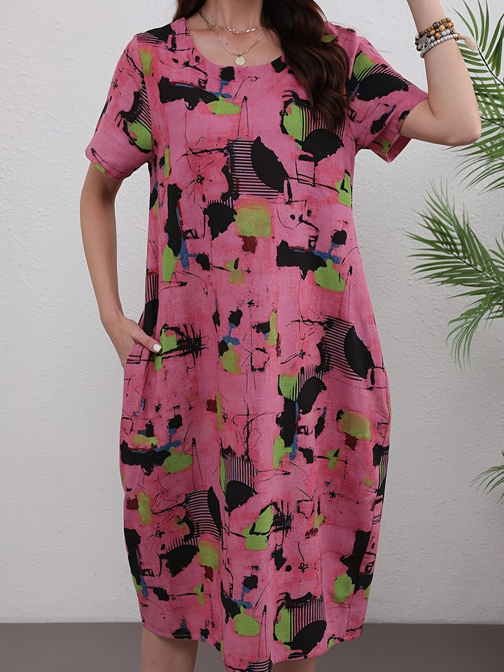 Stilla | Elegant Linned Midi Kjole Med Markant Abstrakt Mønster