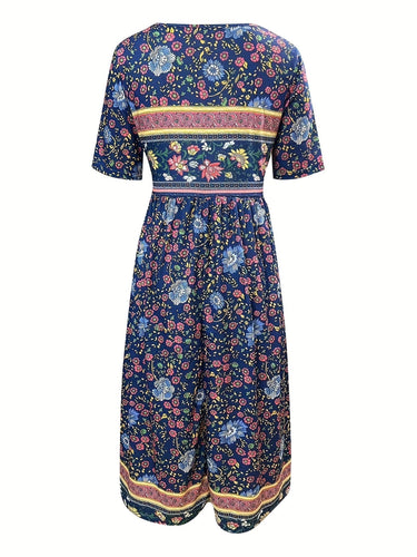 Stilla | Årgang Kjole Med Boho Blomsterprint, Høj Talje Og Korte Ærmer Til Kvinder