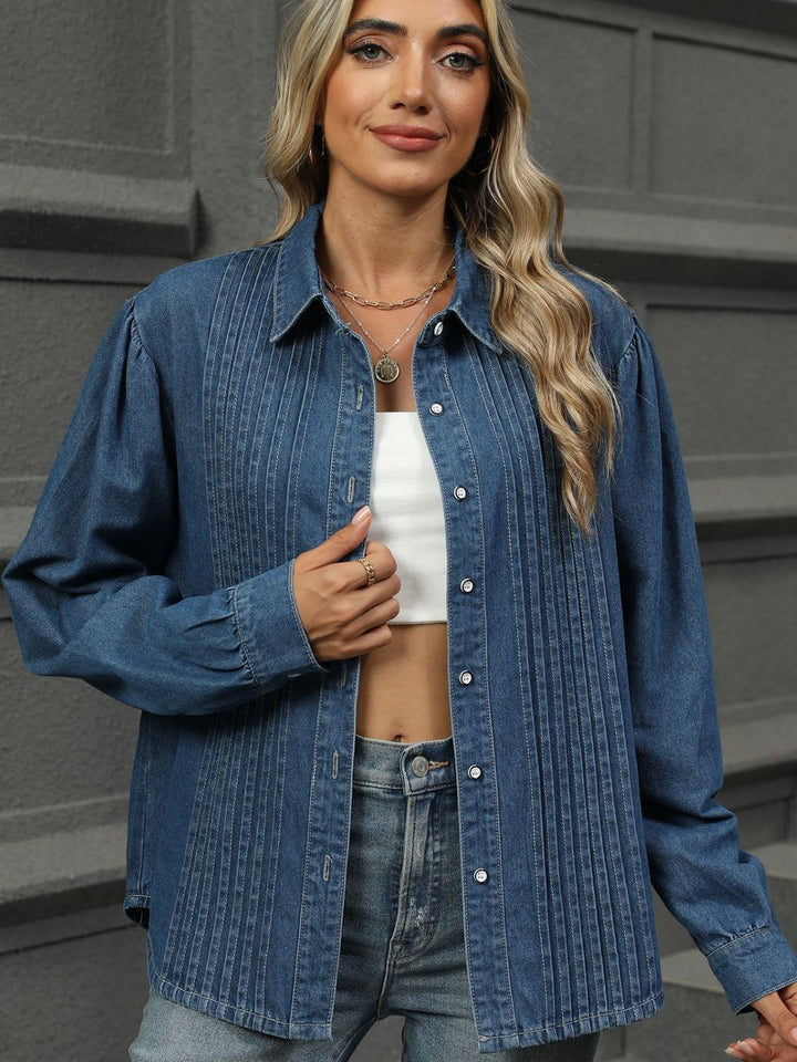 Stilla | Langærmet Jeansbluse Med Knapliste og Krave