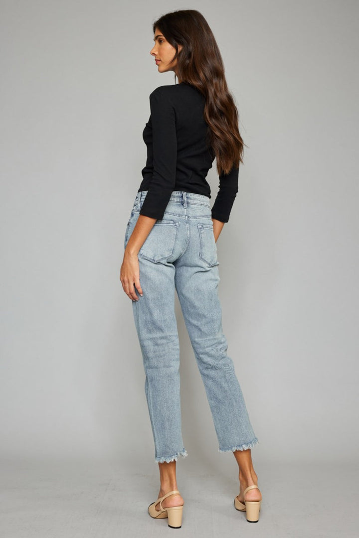 Stilla | Høj Talje Knap Fly Raw Hem Beskårede Lige Jeans