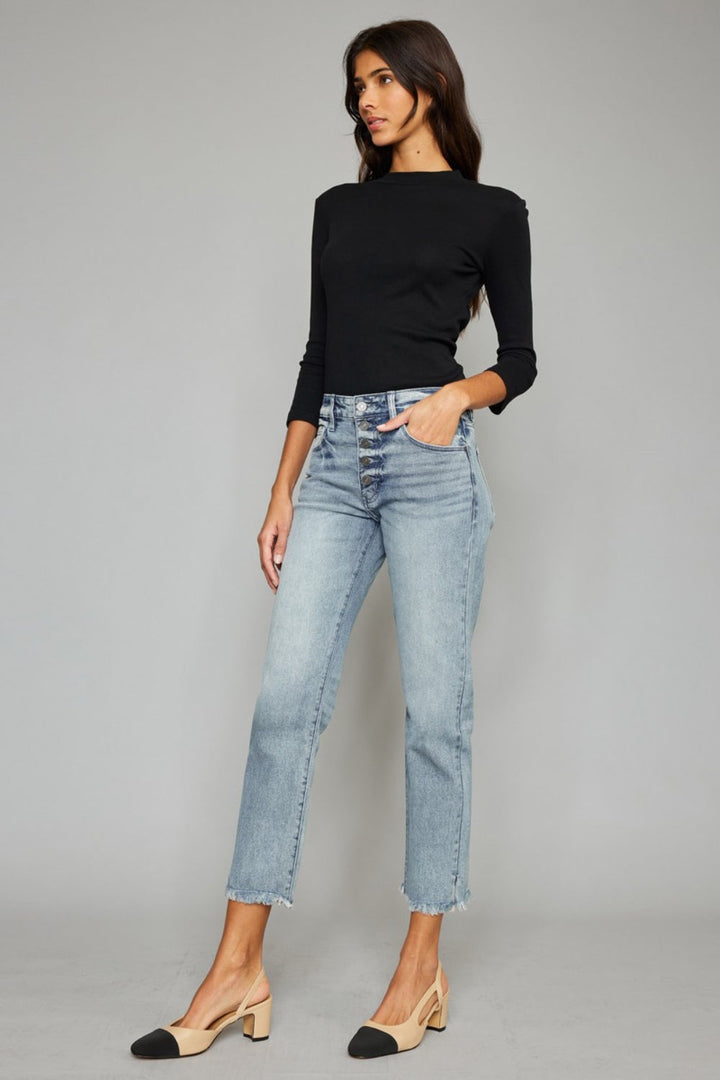 Stilla | Høj Talje Knap Fly Raw Hem Beskårede Lige Jeans