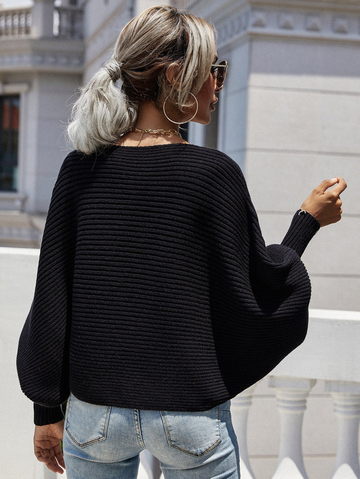 Stilla | Lige, Vandret Stribet, Ribbet Sweater Med Flagermusærmer