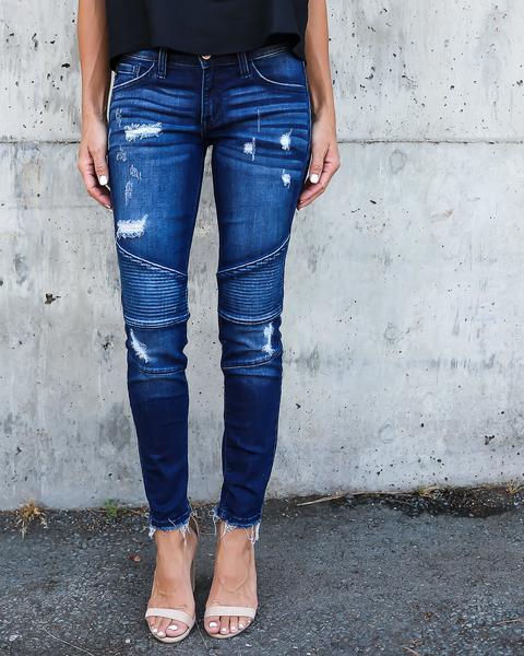 Dame Skinny Jeans med moderne ribdetaljer og afslappede ødelæggelses-effekter Stilla