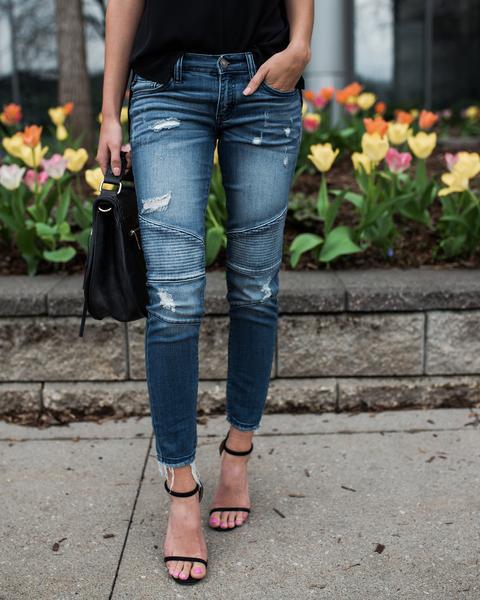 Dame Skinny Jeans med moderne ribdetaljer og afslappede ødelæggelses-effekter Stilla