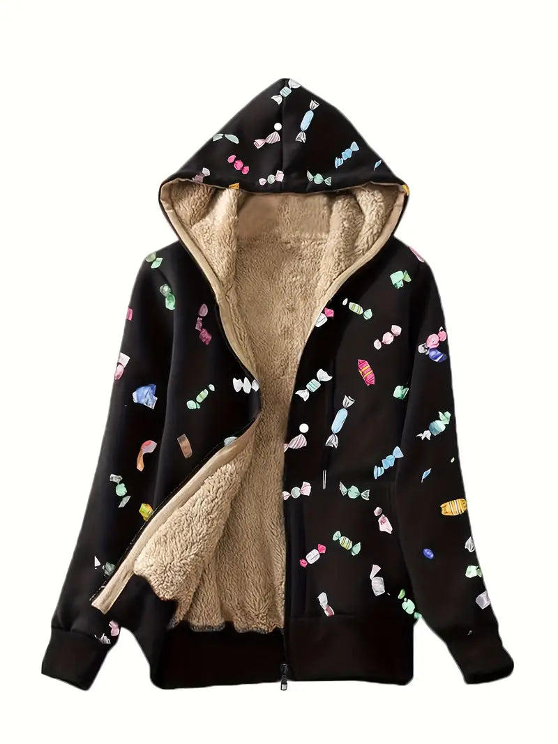Stilla | Sweatjakke med foer af fake-fur med sommerfuglevinge-print
