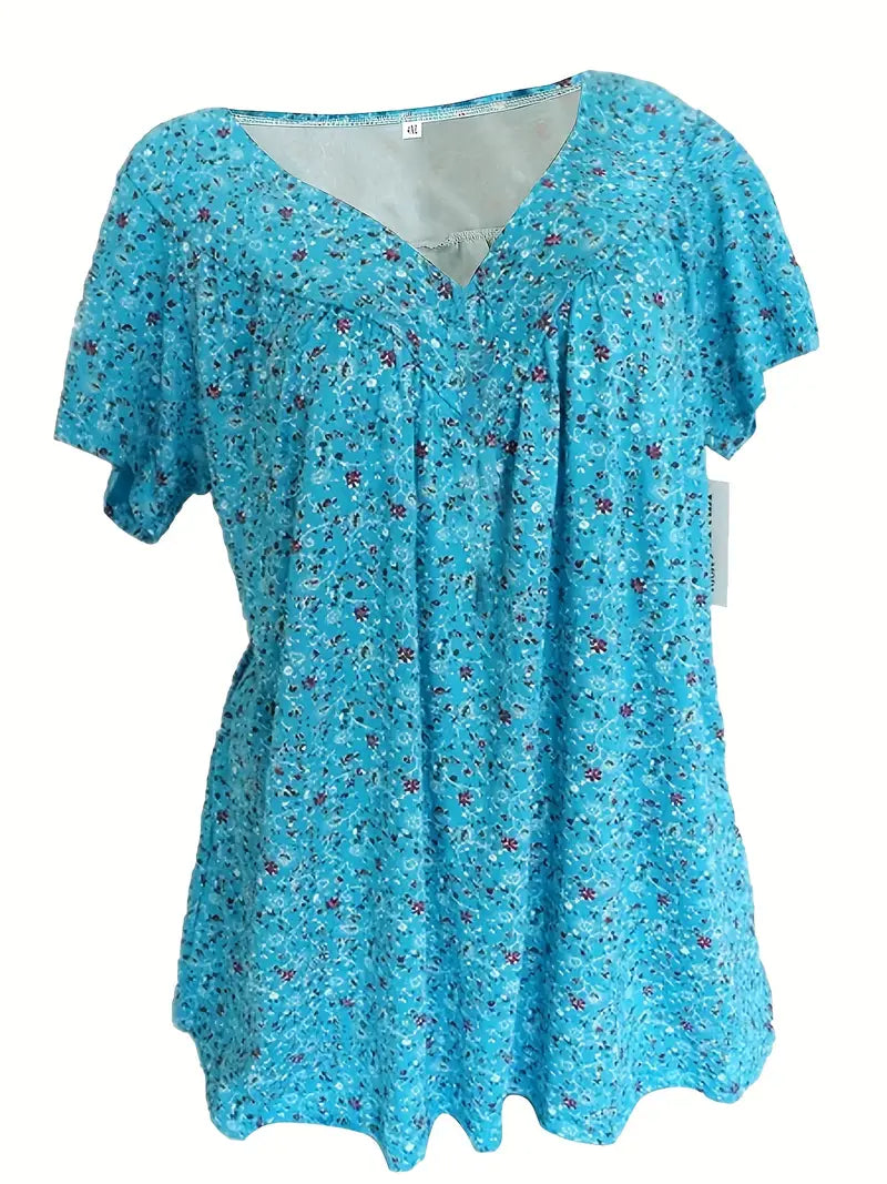 Stilla | Blomster Charm Plus Size V-Hals T-Shirt Med Korte Ærmer Boho T-Shirt