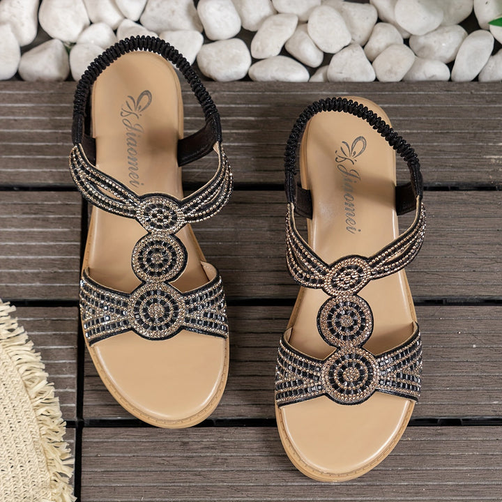 Stilla | Dame Sandaler: Strass, Flade, Letvægts, Anti Skidrande, Sommer, Elastisk Bælte