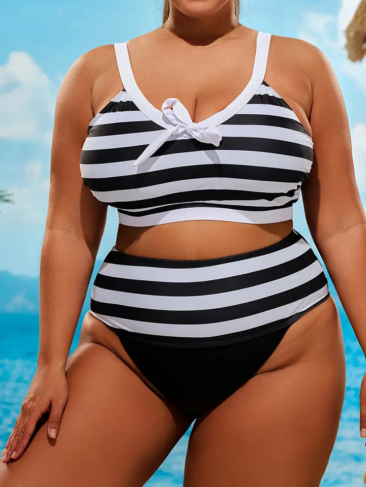Stilla | Elegant Tankini Med Striber Og Sløjfer Foran Samt Høj Bærekomfort