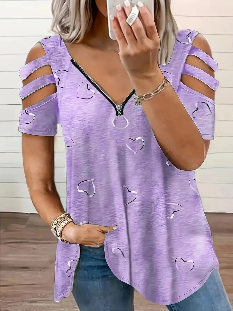 Stilla | Elegant T-Shirt Heartbeat Med V-Hals, Lynlås Og Slids Bunden