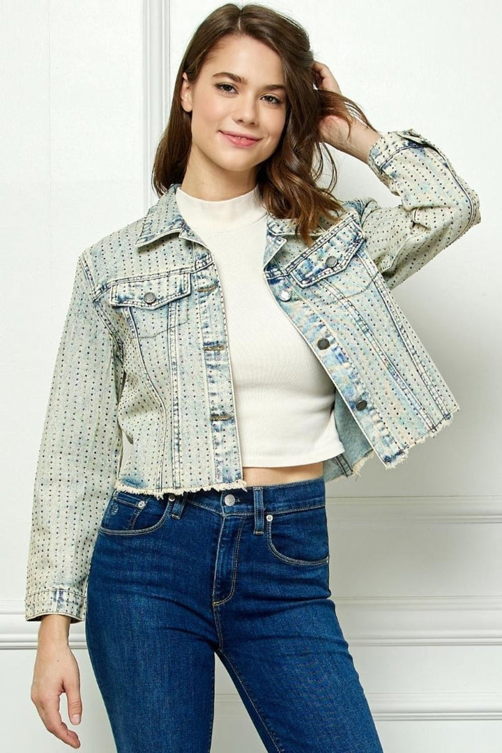 Stilla | Multi Color Stripe Rhinestone Raw Hem Denim Jakke