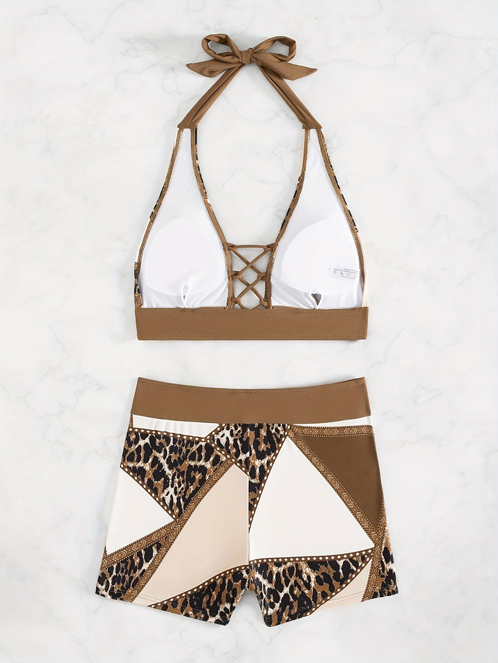 Stilla | Bikini Sæt Panterprint 2 Delt, Halterneck, Krydsede Stropper Og Shorts