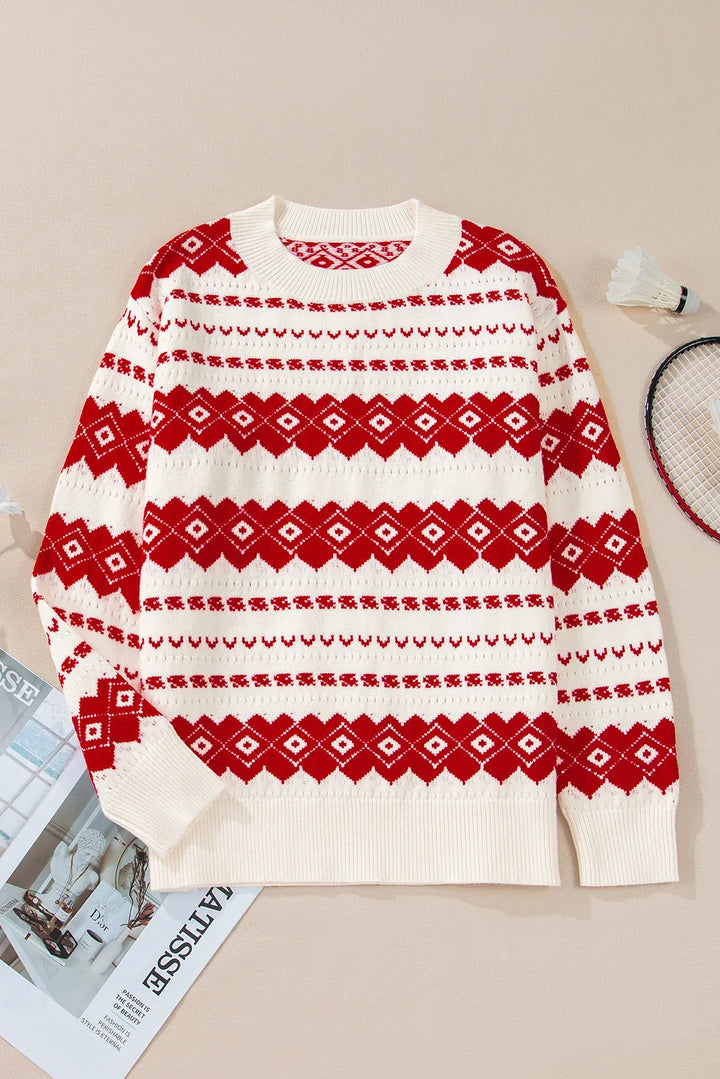 Stilla | Geometrisk Rundhalset Pullover Med Faldene Skuldre