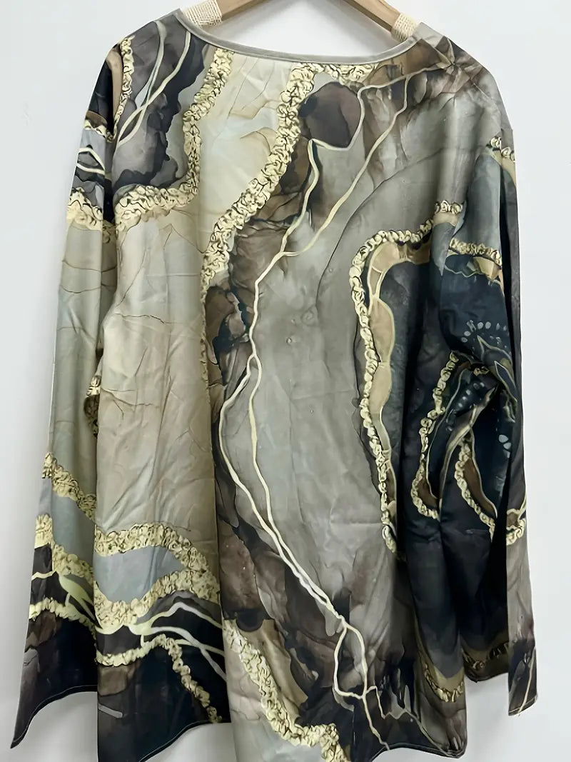 Stilla | Store Størrelser Bluse Med Marmorprint Elegant V-Hals, Lange Ærmer