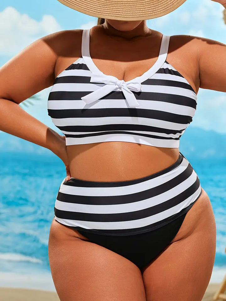 Stilla | Elegant Tankini Med Striber Og Sløjfer Foran Samt Høj Bærekomfort