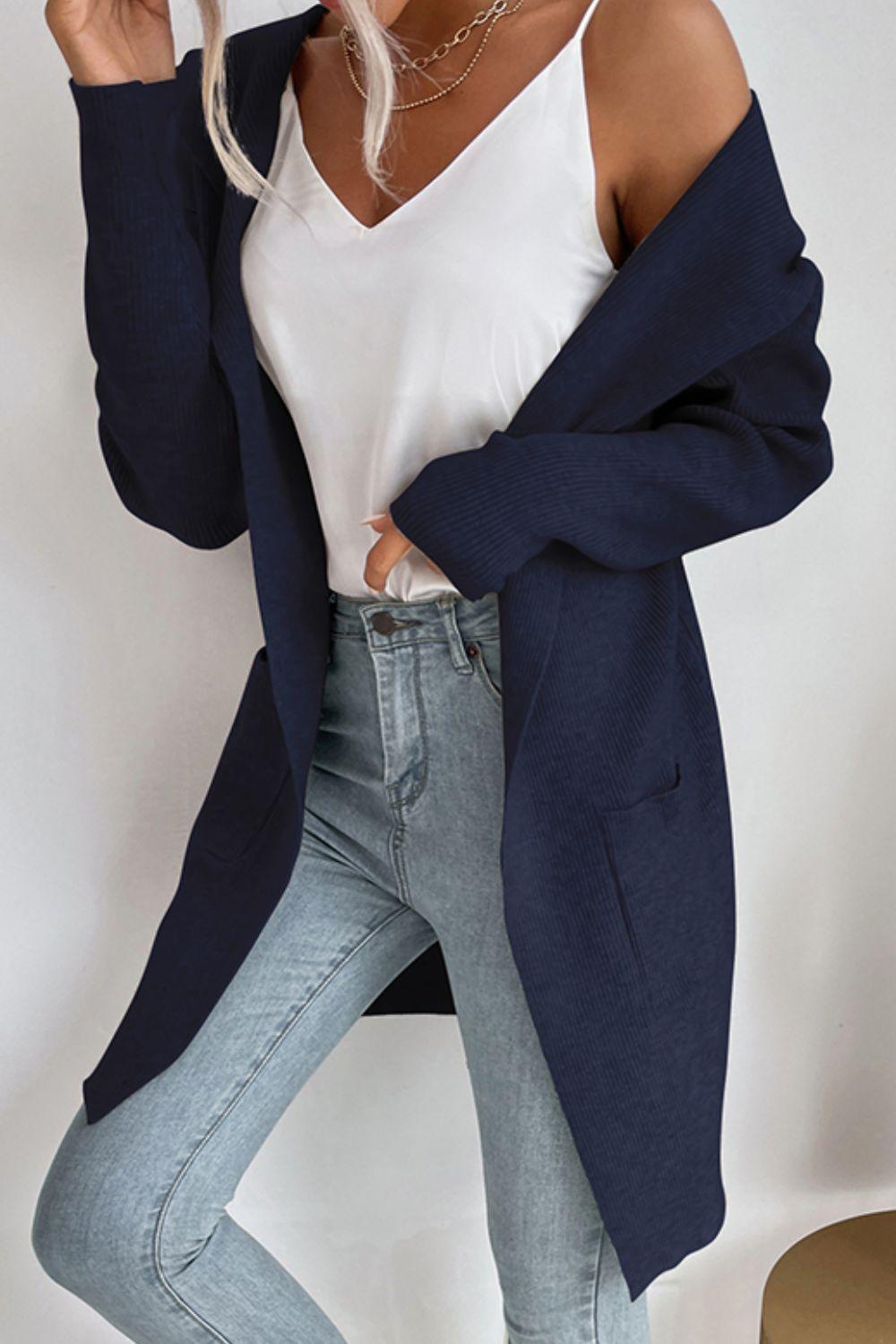 Stilla | ribbet åben-front cardigan med hætte og lommer