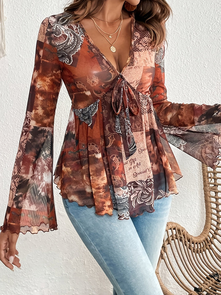 Stilla | Elegant Kjole Paisley V-Hals, Lange Ærmer & Let Mesh