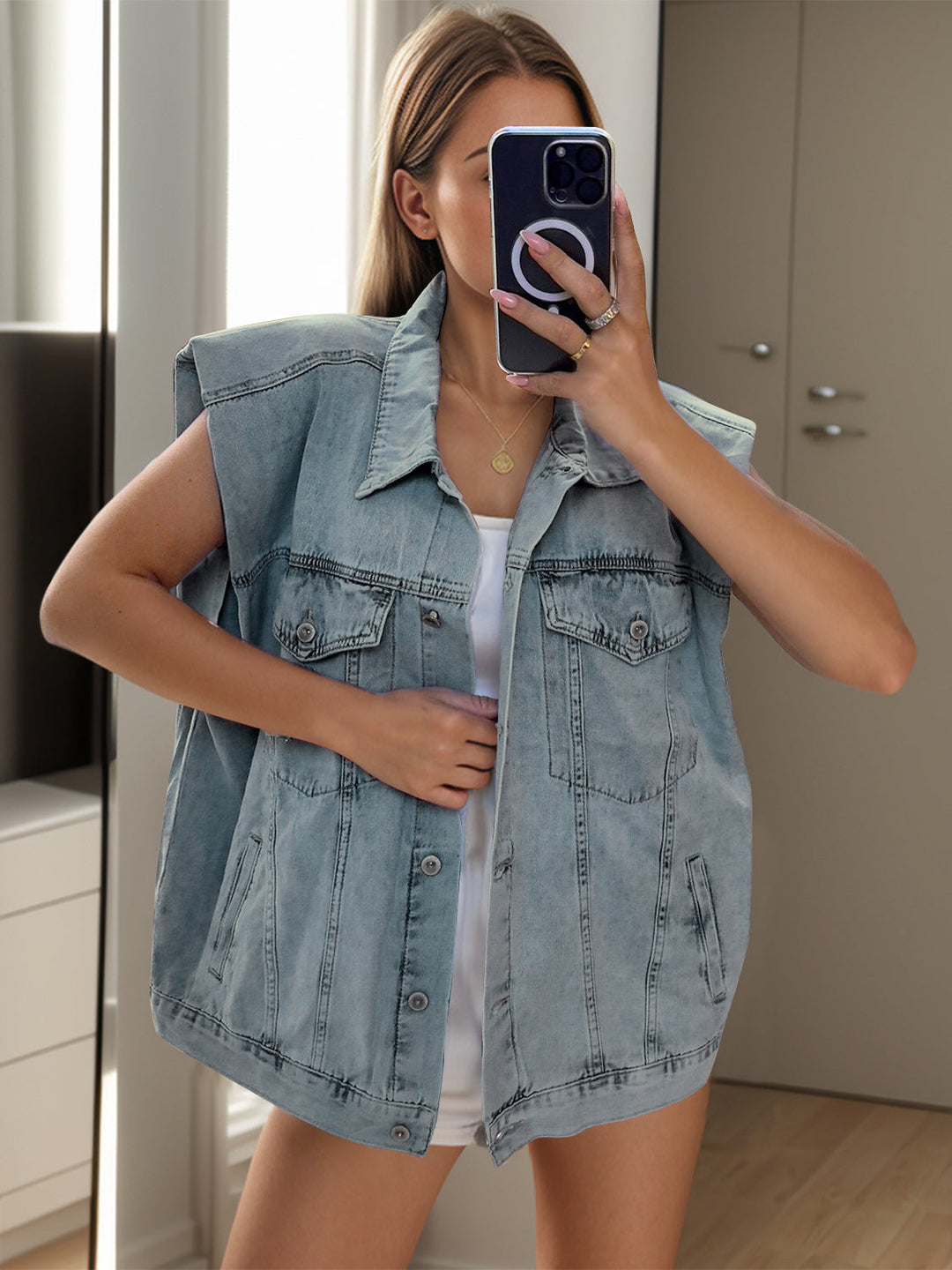 Stilla | Knap-Up Kappe Ærme Denim Jakke