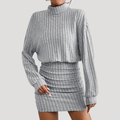 Stilla | Kvinders Ribbet Strikket Turtleneck Mini Kjole
