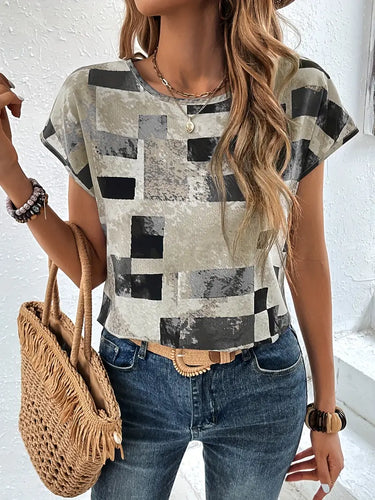 Stilla | T-Shirt Med Aztec Print Let Top Med Kortærmer Og Rund Hals