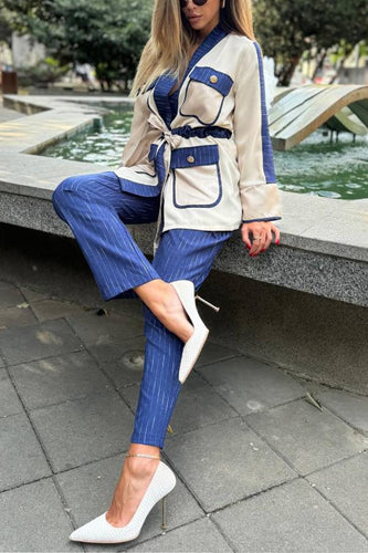 Stilla | Patchwork Ensemble Halston Med Snøre, Overdel Med Klaplomme Og Stribede, Løse Bukser Med Elastisk Livband