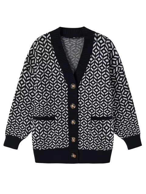 Stilla | Cozy Strikket Cardigan med Geometrisk Mønster og Knapliste