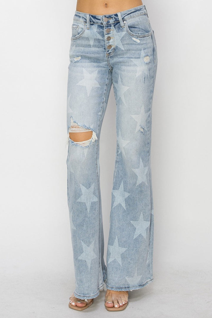 Stilla | Mellemhøj Talje Knap Gennemsigtig Start Print Flare Jeans