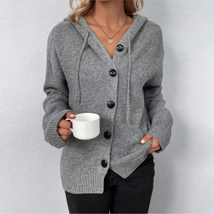 Stilla | Dame Cardigan Blød Strik Oversized-Pasform Knaplukning Hætte Ribkant