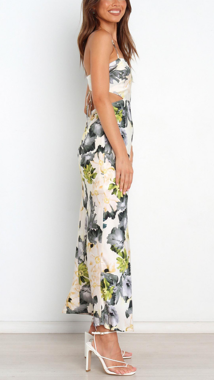 Stilla | Satin kjole med blomstertryk og elegant