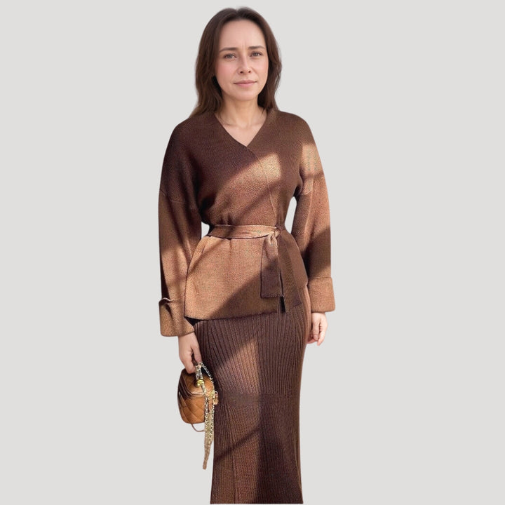 Stilla | Chic Strikket Wrap Strikketrøje Og Nederdel Sæt